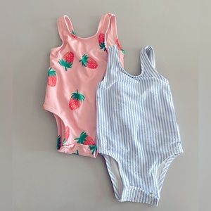 Old navy baby girl blue seersucker & strawberry bathing suit 6-12 months